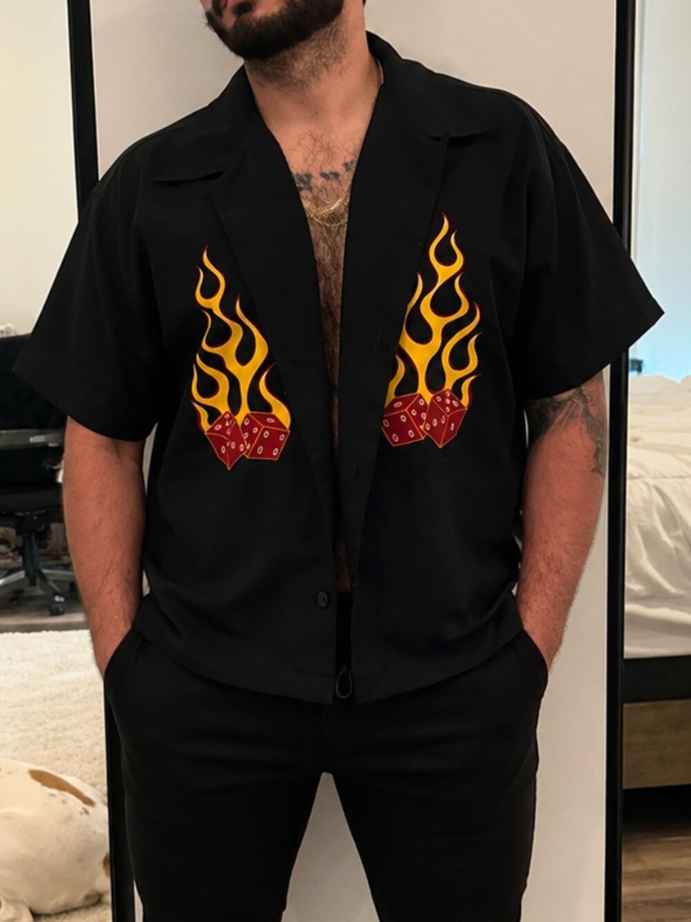 VINTAGE DRAGONFLY CLOTHING Black Shirt with Flame and Dice Design Cropped